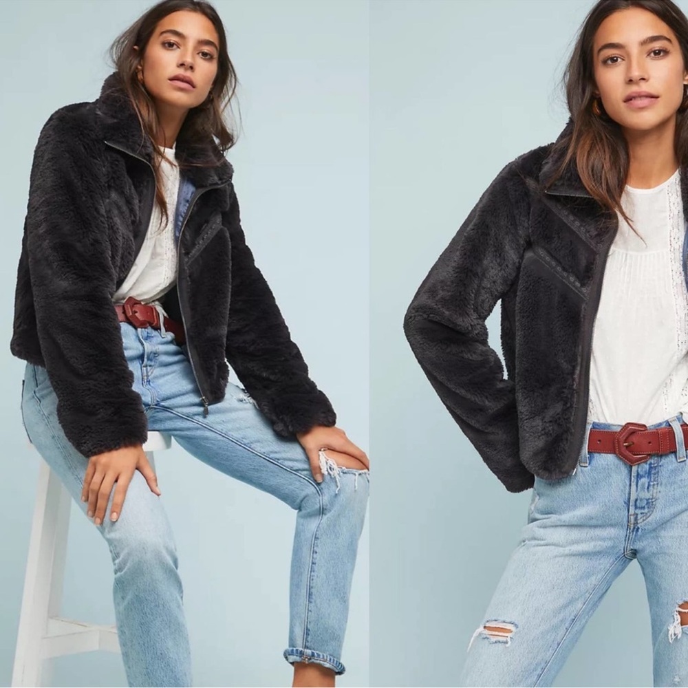 Anthropologie navy Blue Chevron Faux fur coat Jacket